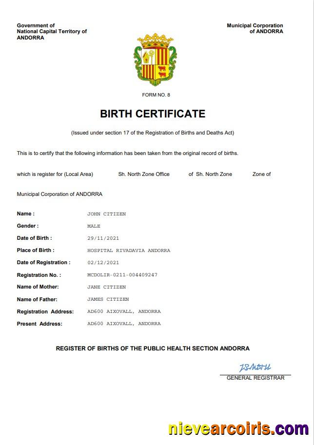 Andorra vital record birth certificate